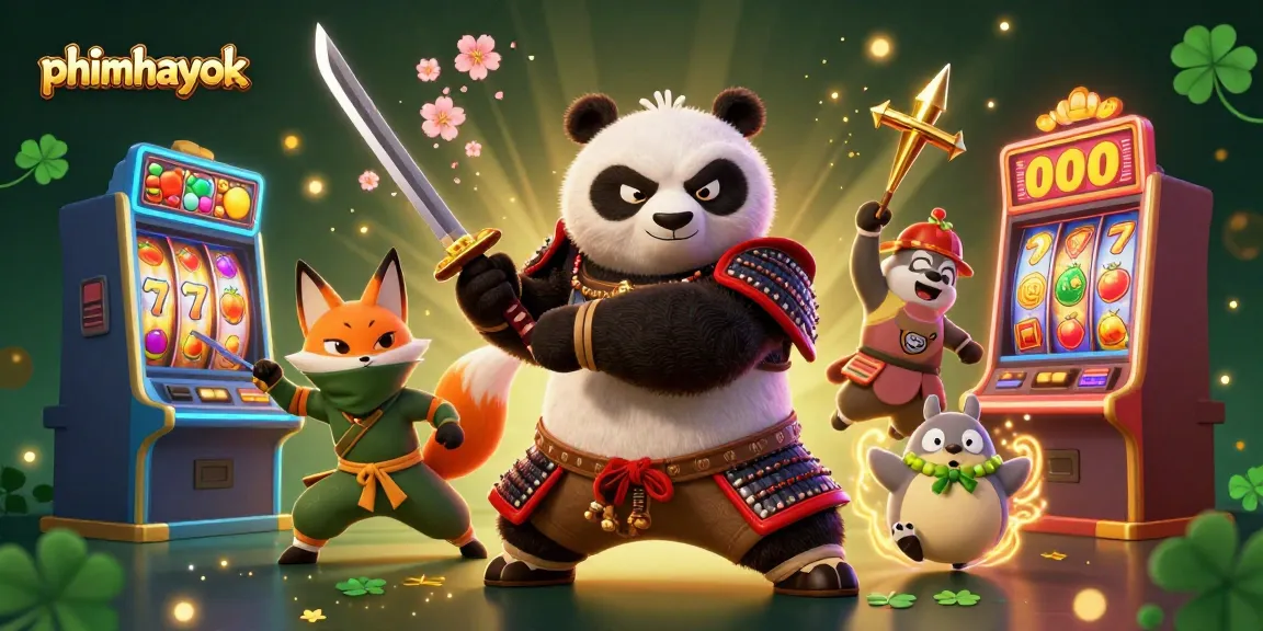 Experience vibrant gaming with phimhayok's 3D samurai panda and fox amidst colorful slot machines.