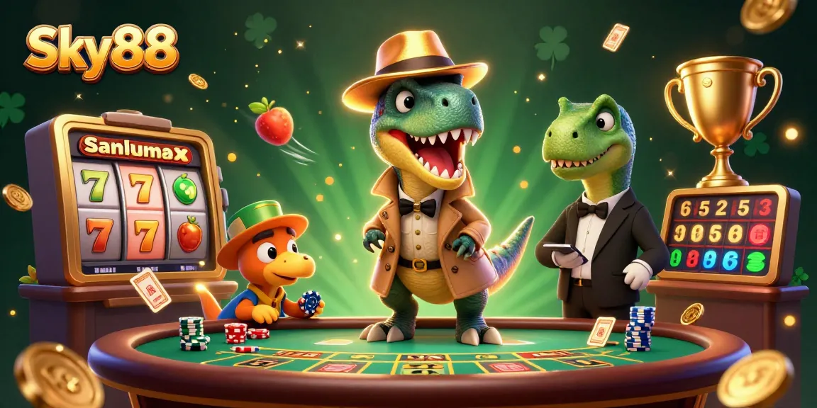 Sky88 showcases a clever velociraptor card counter amidst casino action, enhancing the fun of online gambling.
