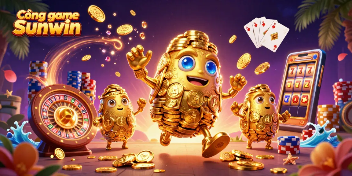 Experience Cổng game Sunwin with 3D animated gold golem and vibrant casino elements.