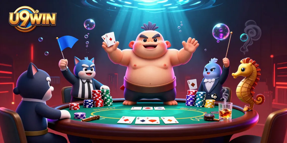 U9WIN's electrifying poker scene with fugu competitor, catfish referee, and seahorse fans.