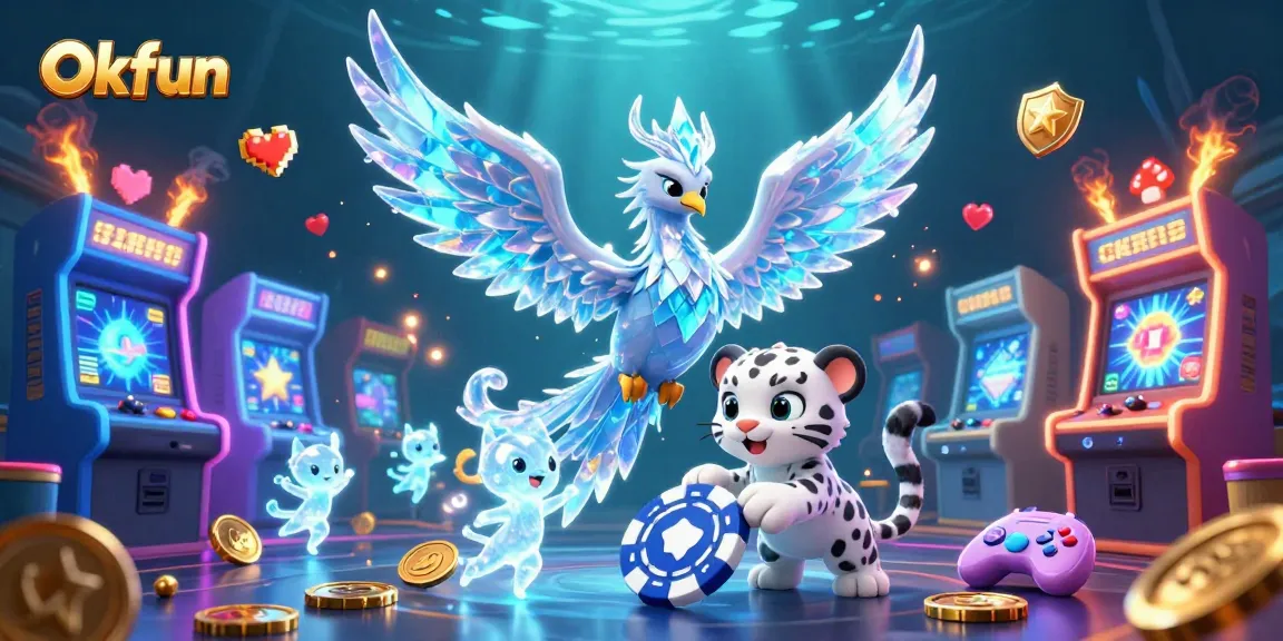Okfun reveals an ice phoenix and playful cub, captivating gamers in a magical casino setting.