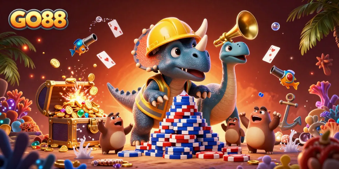 GO88 showcases a vibrant casino scene with a triceratops building a poker chip tower, elevating gaming excitement.