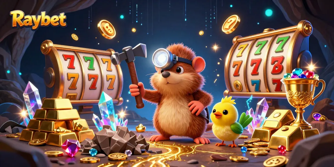 Raybet gaming adventure with treasure hunter characters amid slot reels, gems, and jackpots.