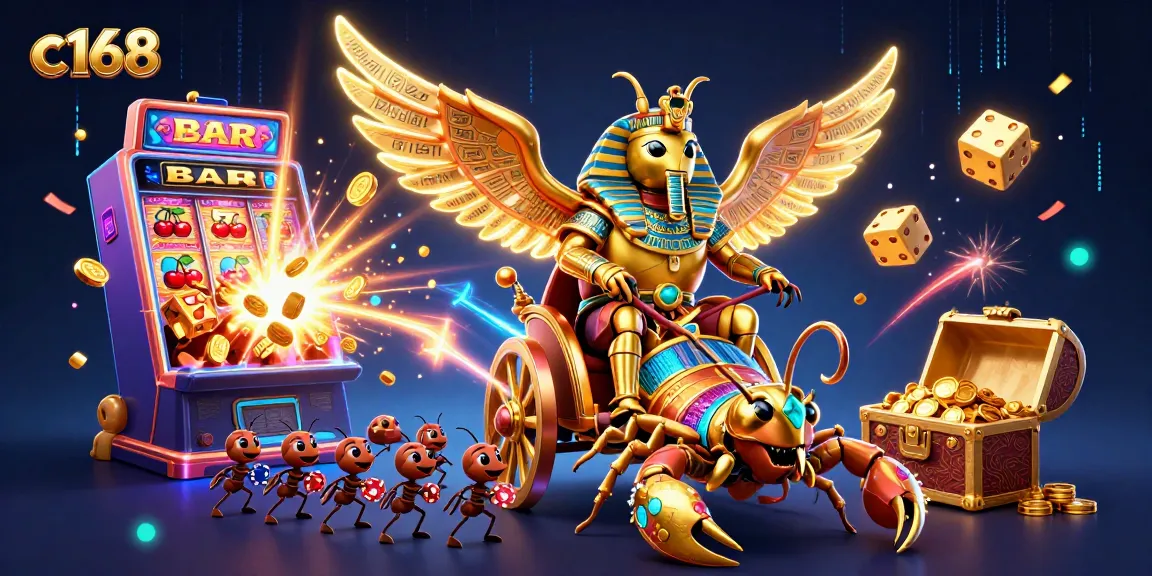 Experience thrilling adventures with c168's captivating illustration of a colossal beetle and vibrant casino elements.