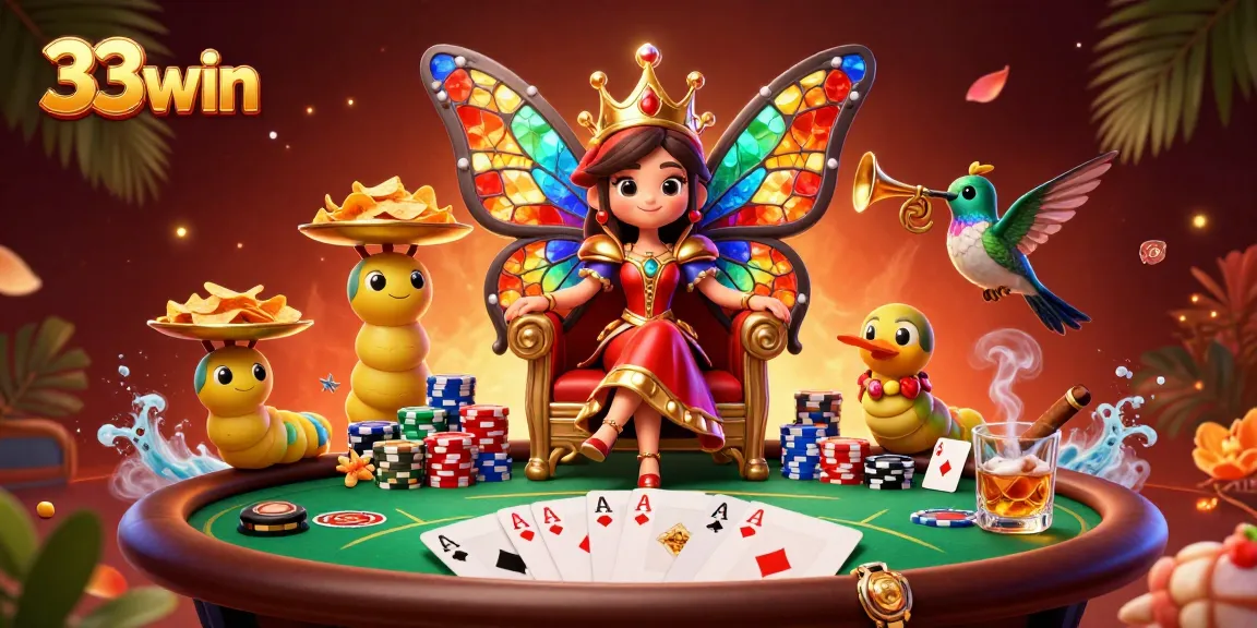 Experience the thrill of 33win with a vibrant casino theme featuring an enchanting butterfly queen.