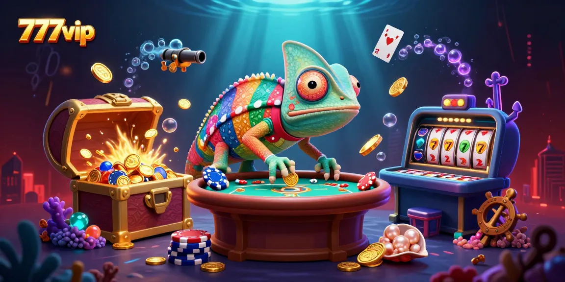 Experience thrilling gameplay at 777vip with an interactive casino scene featuring a playful chameleon and dynamic game elements.