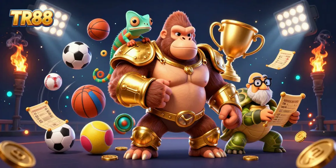 Engage in thrilling TR88 betting experiences amidst vibrant gaming elements and characters.