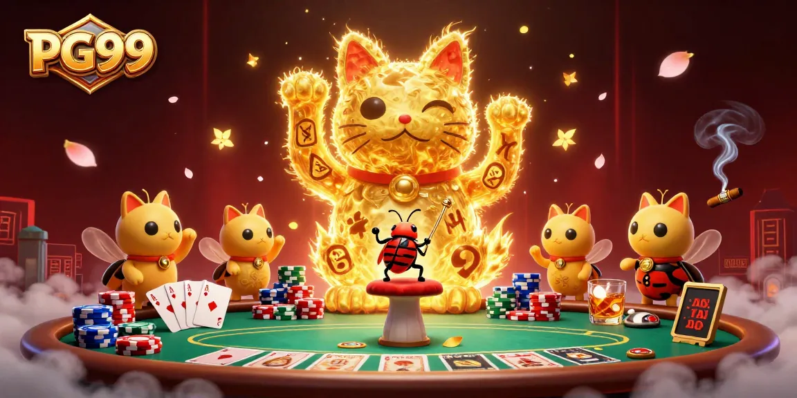 Engage with PG99's vibrant casino world featuring golden fireflies and dynamic poker elements.