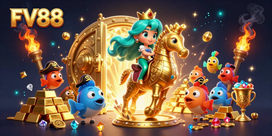 Experience winning strategies at FV88 with vibrant casino-themed illustration full of gold and gems.