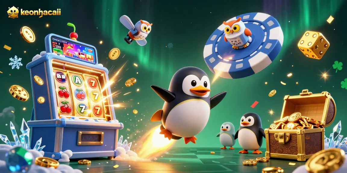 Engage with keonhacaii in a vibrant casino-themed adventure with gold coins, slot machines, and fun characters.
