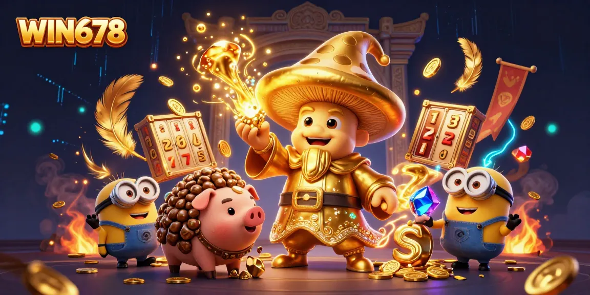 Experience the magic of WIN678 with vibrant slot reels and golden treasures in this dynamic casino scene.