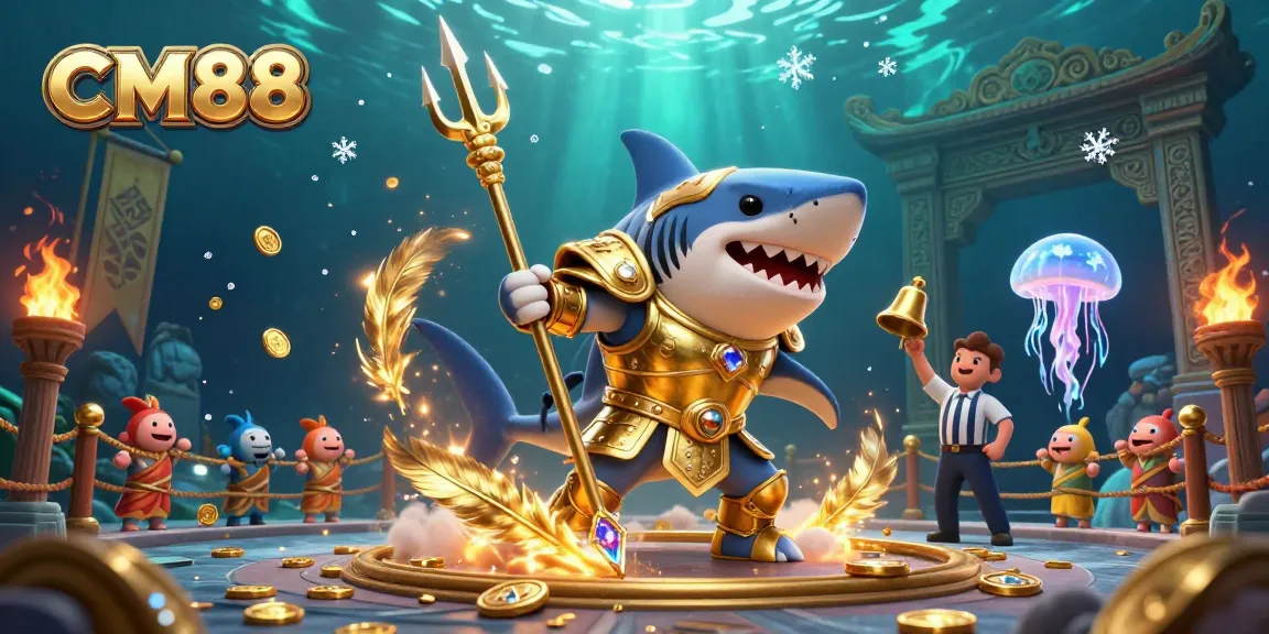 Engage with CM88's dynamic underwater casino scene featuring a tiger shark and joyous fish, symbolizing thrilling gaming.