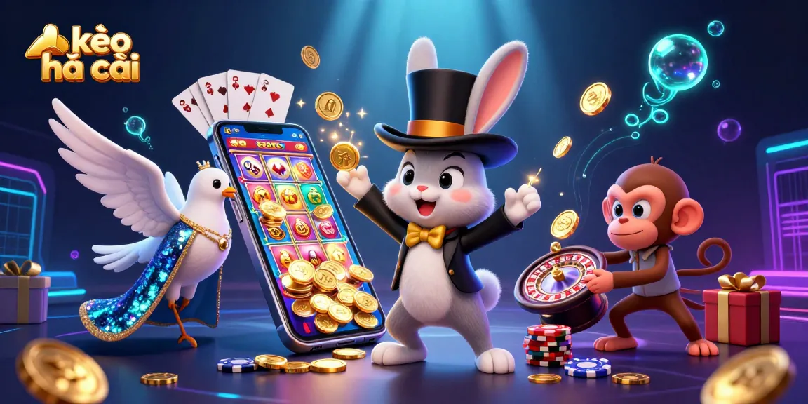 Engage with kèo nhà cái as a 3D rabbit magician pulls coins, while vibrant casino elements surround them.