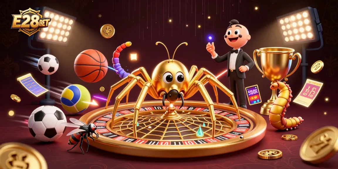 E28BET brings excitement as a fly nervously bets while a spider deals on a roulette web
