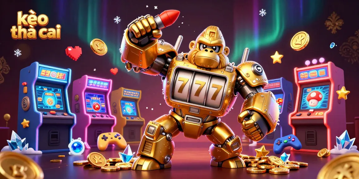 Engaging kèo nhà cái illustration showing a golden mech gorilla and gaming elements.