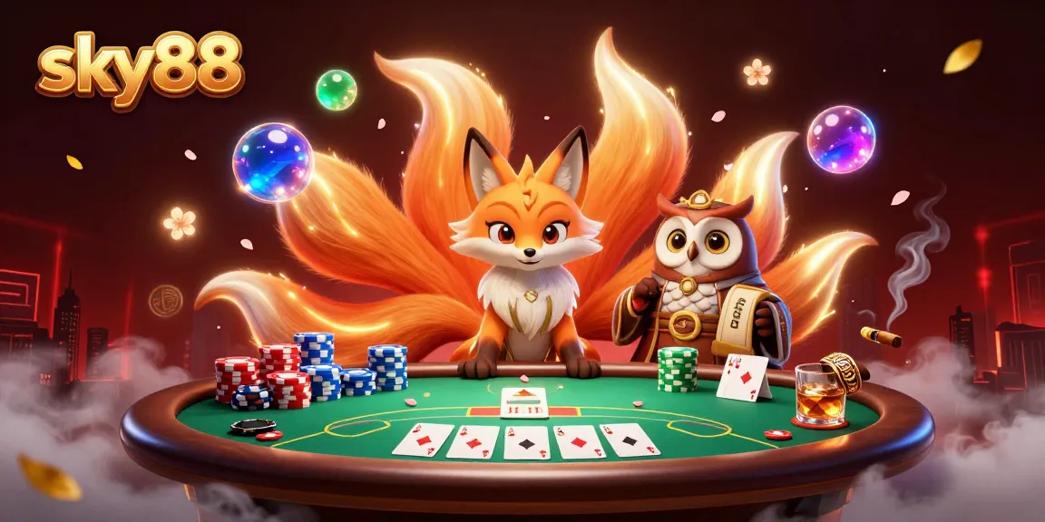 Engage with sky88's vibrant gaming scene featuring a whimsical fox and wise owl amidst casino elements.