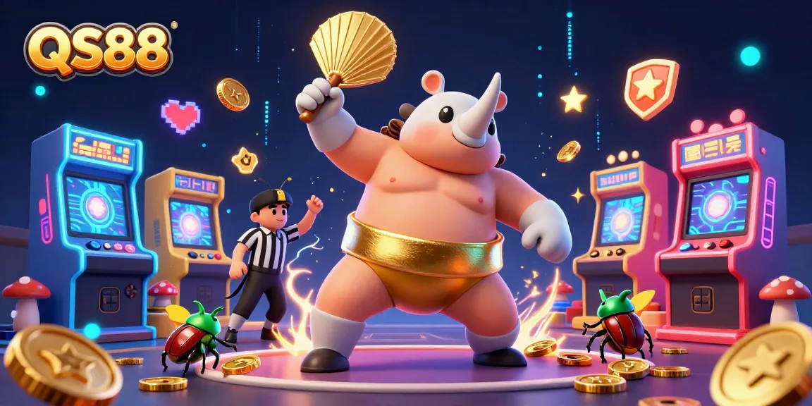 Experience the thrilling action of QS88, where a sumo champion beetle takes center stage amidst a vibrant casino gaming scene.