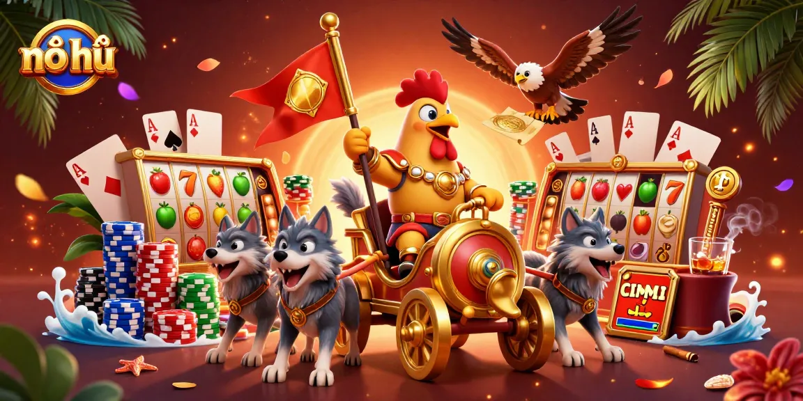 Engage in nổ hũ excitement with a vibrant 3D scene showcasing a rooster warlord amidst colorful casino elements.