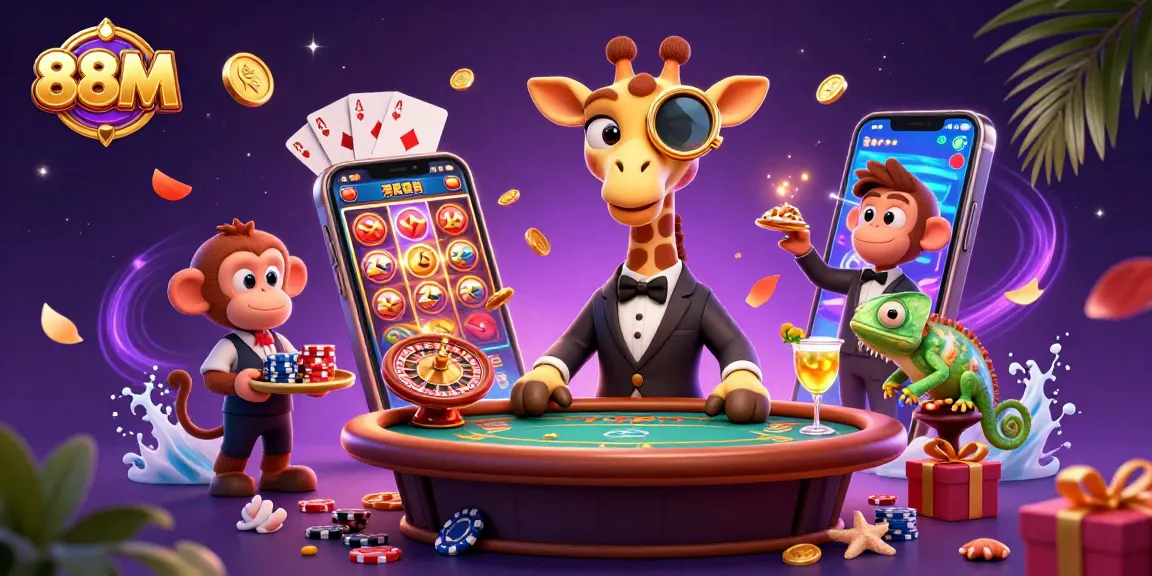 Experience the thrilling world of 88M casino with a whimsical scene showcasing fun characters and vibrant games.