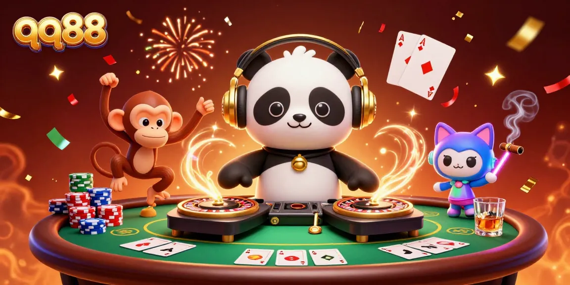 Engage with qq88's vibrant casino scene featuring animated characters enjoying a lively gaming experience.