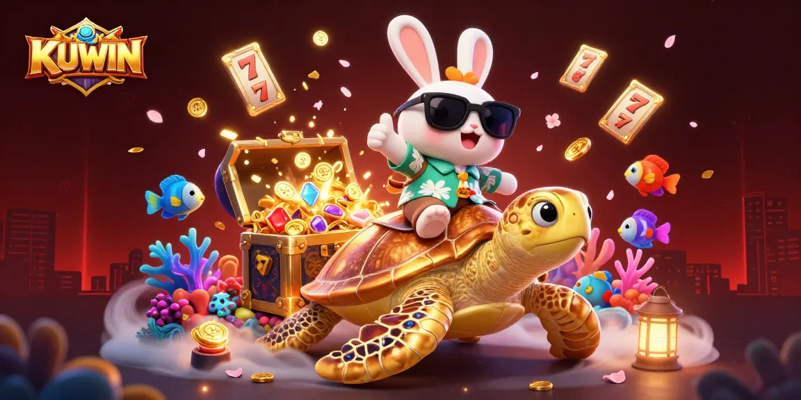 KUWIN brings luck with a rabbit and sea turtle in a dynamic casino-inspired underwater scene.