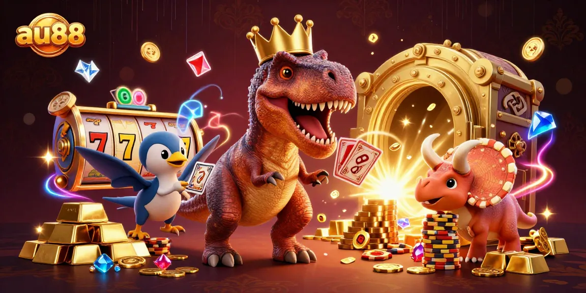 Join the fun at au88 with a T-Rex shuffling cards, while a pterodactyl assists, in a vibrant casino scene.