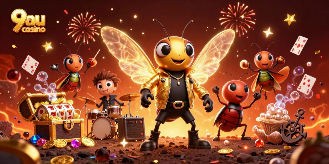 Experience thrilling wins at 9au casino with a vibrant scene of rock stars and slot elements.