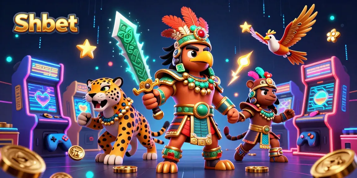 Engage in thrilling gaming with Shbet's vibrant Aztec warrior scene filled with arcade action.