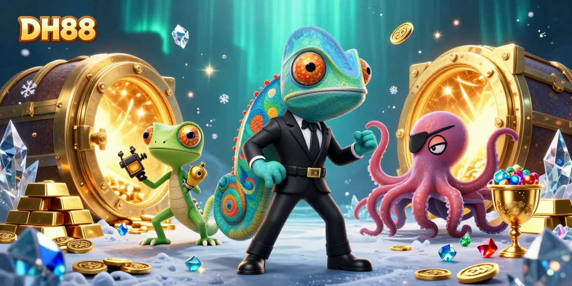 Experience exciting wins with DH88 as a secret agent chameleon and friends in a vibrant casino world.