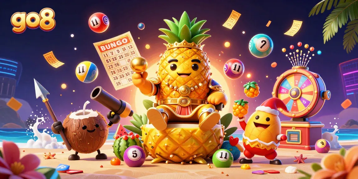 Experience the excitement of go8 with a vibrant beach casino scene featuring a golden pineapple king and colorful lottery elements.